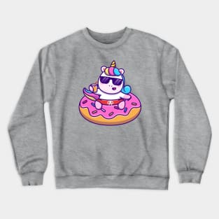 Cute Unicorn Swimming With Donut Balloon And Holding Juice Crewneck Sweatshirt